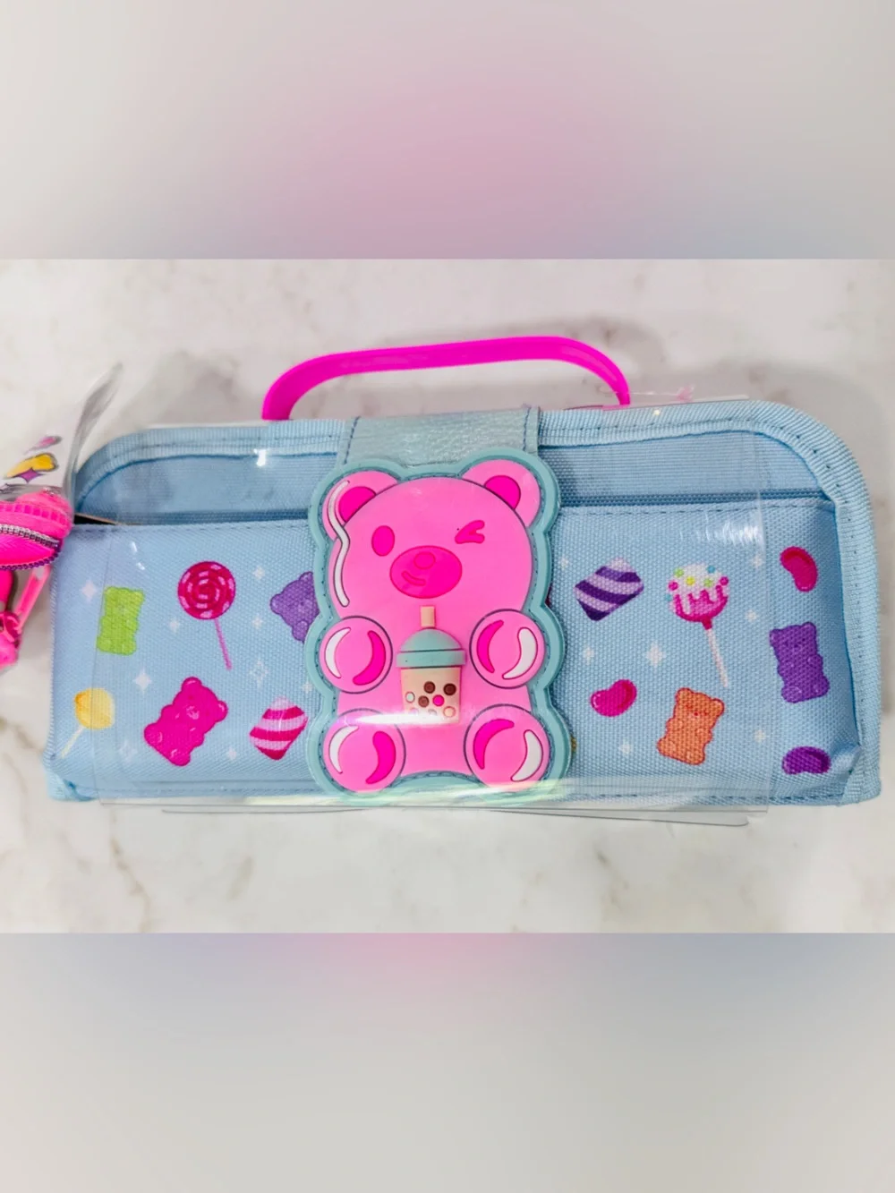 Kids Pink & Light Blue Candy Bear Pencil Case - Cute Carry Handle